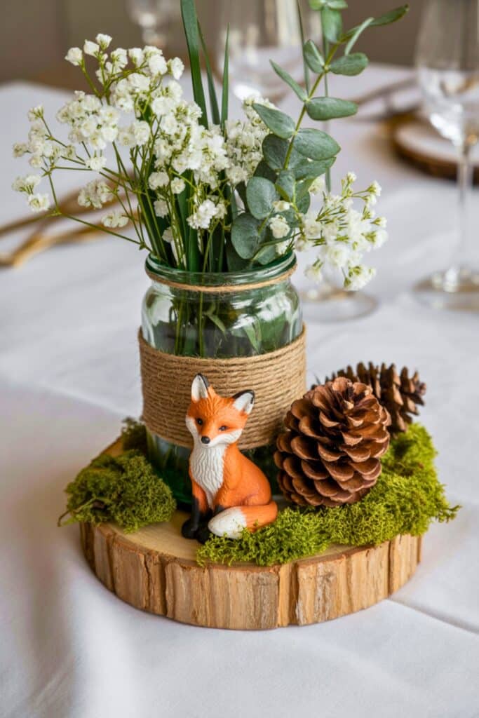 Woodland baby shower table centerpiece with a mason jar wrapped in twine, filled with baby’s breath and eucalyptus, sitting on a wood slice with pinecones, moss, and a small fox figurine.