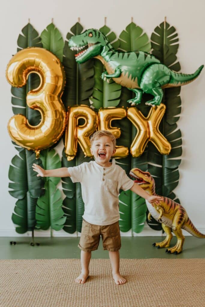Toddler boy celebrating his 3rd birthday with a dinosaur-themed "Three-Rex" party, featuring gold number 3 and "REX" balloons, green dinosaur balloons, and tropical leaf decorations — perfect for a 3rd birthday party for boy who loves dinosaurs.