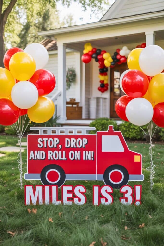Pirate-themed 3rd birthday party entrance with a chalkboard sign that says "Aargh. Brooks is 3!" next to gold balloons and a red X on the door. A dotted path leads to the party for a fun treasure hunt vibe.