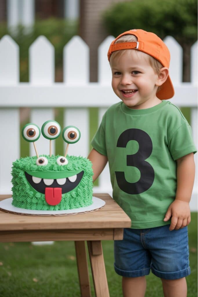 Toddler boy smiling next to a green monster-themed 3rd birthday cake with candy eyeballs, wearing a green “3” t-shirt and orange hat — perfect for a Little Monster 3rd birthday party for boys.