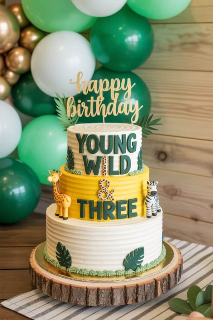 Three-tiered safari birthday cake decorated with a giraffe, zebra, and jungle leaves, featuring the phrase "Young, Wild & Three" and a gold "Happy Birthday" topper, with green, white, and gold balloon garland in the background for a 3rd birthday party.