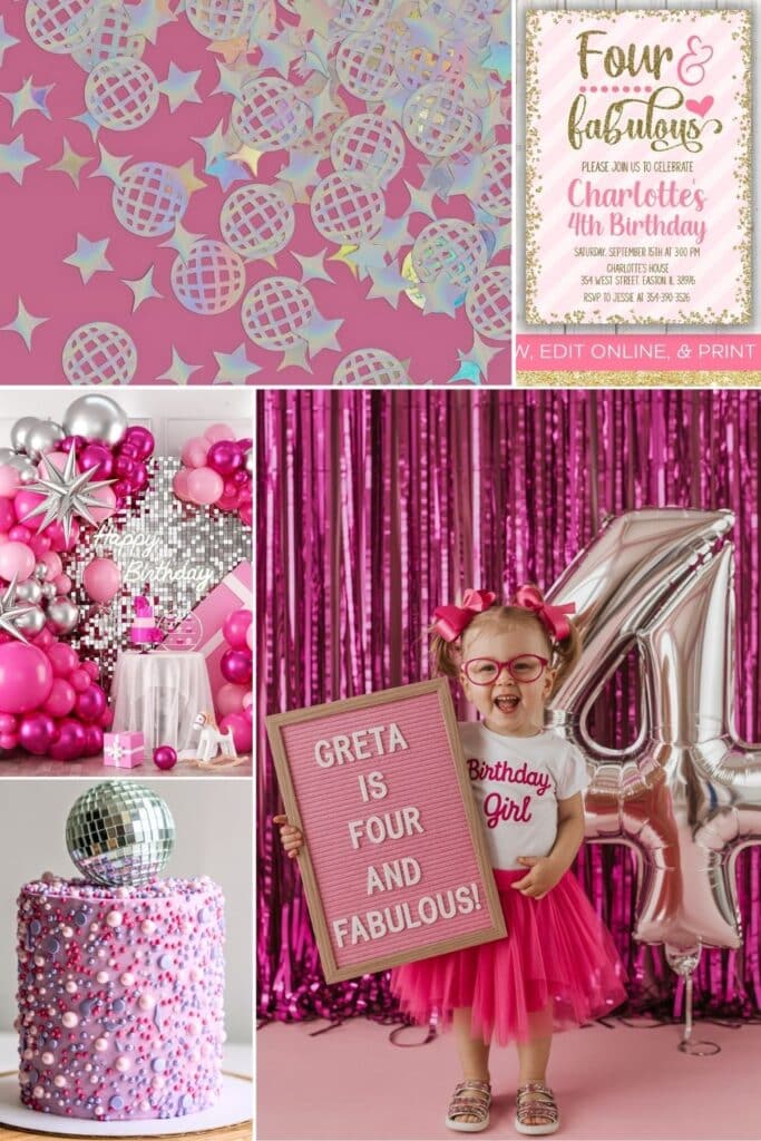 Collage of pink-themed “UnFOURgettable” 4th birthday party decorations including balloon arches, a disco-themed cake, sparkly pink fringe, a neon invitation, and a smiling girl in a pink tutu holding a sign that says “Greta is UnFOURgettable.”