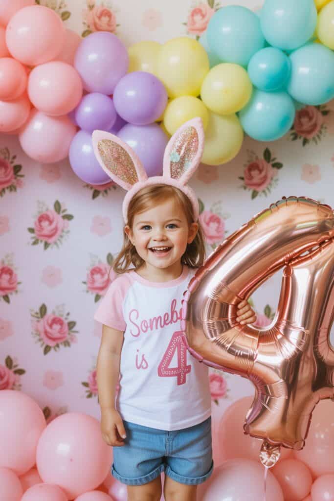 Smiling girl in bunny ears and a “Somebunny is 4” birthday shirt holding a rose gold number 4 balloon, with a pastel rainbow balloon arch and floral wallpaper in the background—perfect for a spring-themed 4th birthday party for girls.