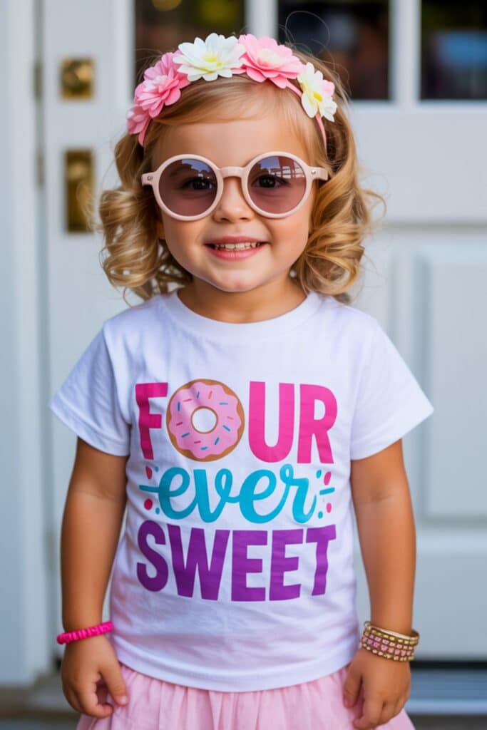 Smiling four-year-old girl wearing a flower crown and sunglasses, dressed in a “Four Ever Sweet” donut-themed birthday shirt—perfect for a 4th birthday party for girls theme.