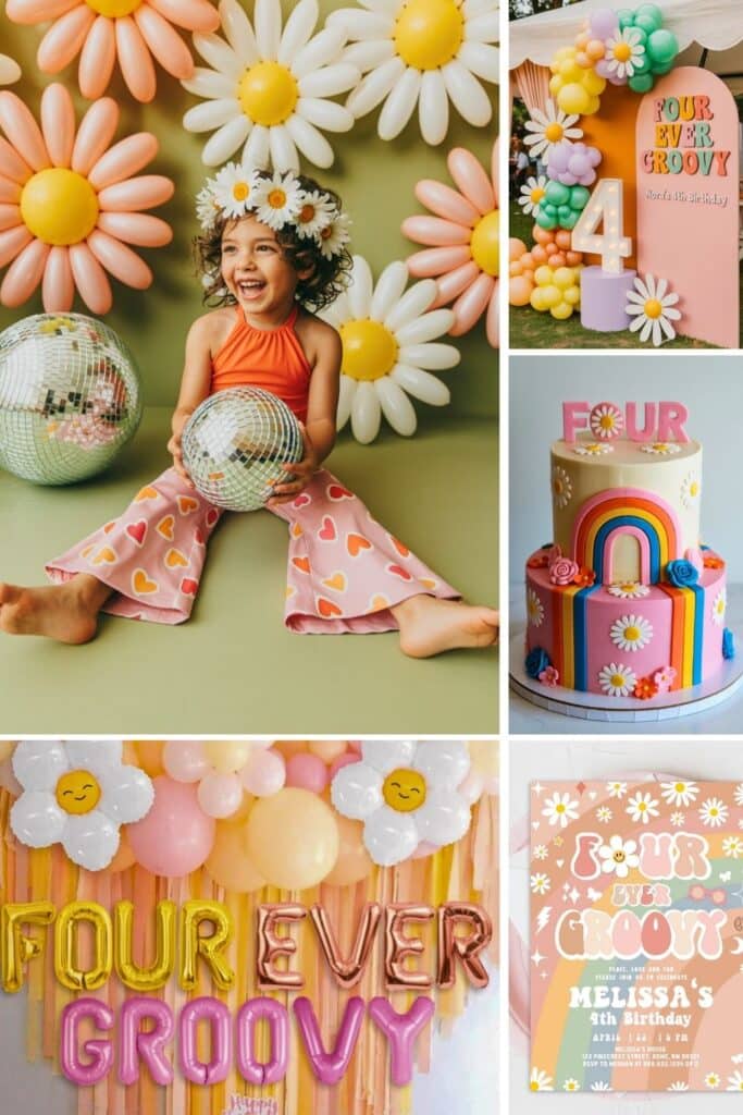 Collage of a “Four-ever Groovy” 4th birthday party featuring rainbow and daisy balloon decor, disco balls, a colorful tiered cake, pastel signage, and a girl in flower power clothes—perfect for a retro 4th birthday party for girls theme.