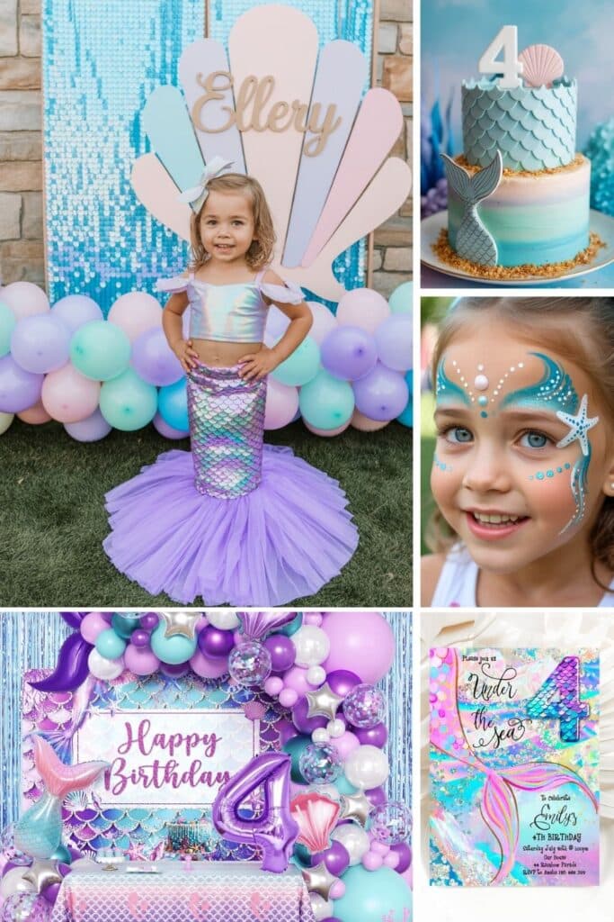 Collage of a mermaid-themed 4th birthday party for girls featuring a little girl in a pastel mermaid outfit, an under-the-sea cake with a mermaid tail topper, face painting with ocean designs, a balloon garland, seashell backdrops, and a birthday invitation—perfect for a sparkly and colorful mermaid celebration.