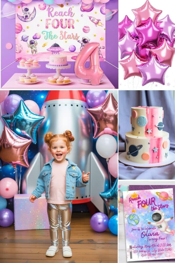 Collage of a “Reach FOUR the Stars” outer space-themed 4th birthday party for girls, featuring galaxy decor, a rocket backdrop, pink and purple star balloons, space-themed cakes, cupcakes, and a girl in metallic leggings with a big smile—perfect for a fun and colorful space party.