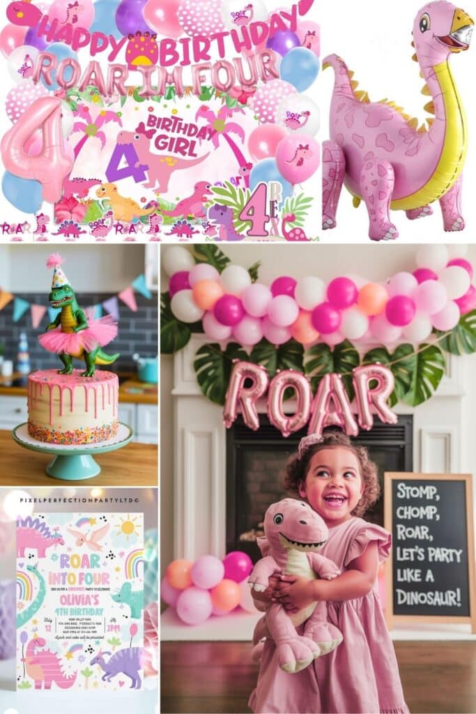 Collage of a pink dinosaur-themed 4th birthday party for girls featuring balloons, a dinosaur cake in a tutu, themed signage, pastel decorations, and a smiling girl holding a plush dino—perfect for a “Roar, I’m Four” birthday celebration.