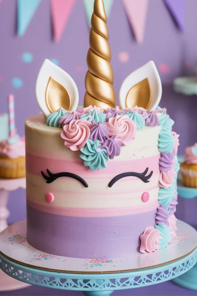 Whimsical unicorn birthday cake with gold horn, pastel swirls of pink, purple, and teal frosting, and cute closed eyes, perfect for a magical unicorn themed birthday party.