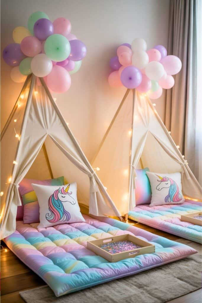 Indoor unicorn birthday sleepover setup with pastel rainbow floor beds, unicorn pillows, cozy tents decorated with string lights, and balloon clusters — perfect for a cozy unicorn camp-in party theme.