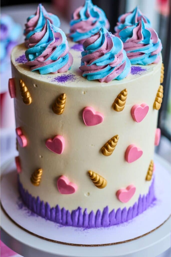 Unicorn birthday cake decorated with gold fondant horns, pink hearts, and swirls of blue and pink frosting on top, with a purple buttercream border — a fun and colorful dessert for a unicorn-themed birthday party.