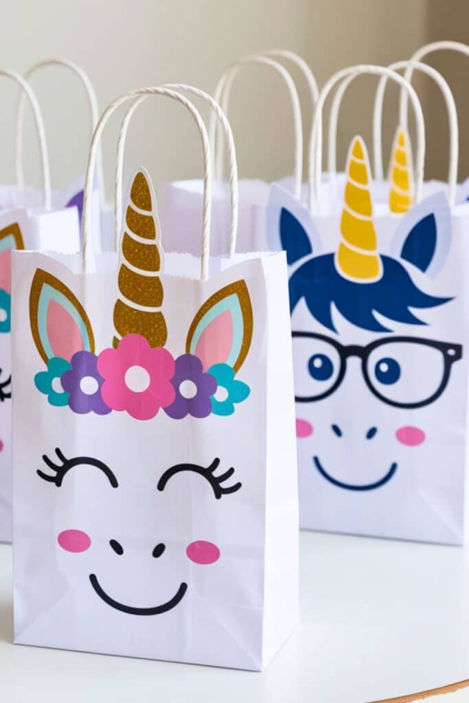 Unicorn birthday party favor bags with glittery gold horns, floral crowns, and smiling unicorn faces — a cute and creative party favor idea for a unicorn-themed celebration.