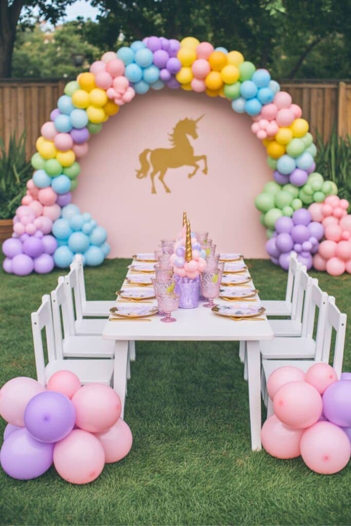 Outdoor unicorn birthday party table setup with pastel plates and cups, a balloon unicorn centerpiece, and a rainbow balloon arch framing a golden unicorn backdrop — a stunning and whimsical unicorn party scene.