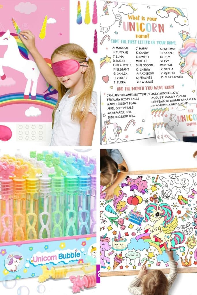 Unicorn birthday party games and activities including Pin the Horn on the Unicorn, unicorn name chart, rainbow unicorn bubble favors, and giant unicorn coloring poster — fun and colorful ideas for an interactive unicorn party.