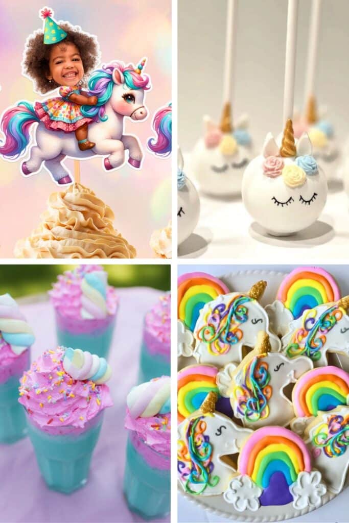 Unicorn birthday treats including cupcakes with custom toppers, unicorn cake pops, rainbow milkshakes with whipped topping, and decorated unicorn sugar cookies — colorful and fun dessert ideas for a unicorn themed party.