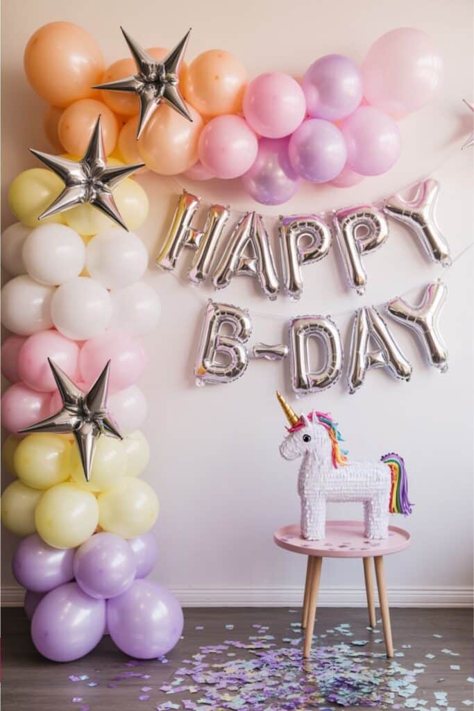 Unicorn birthday party setup with pastel balloon garland, silver star balloons, “Happy B-Day” letter balloons, and a rainbow unicorn piñata on a pink table surrounded by confetti — a fun and festive unicorn party backdrop.