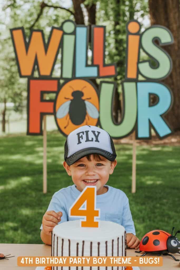 A smiling young boy in a "FLY" trucker hat celebrates his 4th birthday outdoors with a white frosted cake topped with an orange number 4 candle. Behind him is a colorful yard sign that reads "WILL IS FOUR" with a cartoon fly replacing the letter O. Ladybug toys and green grass complete the playful bug-themed party scene.