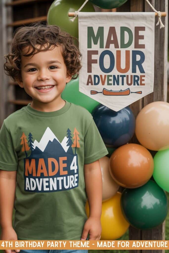 Young boy wearing a green “Made 4 Adventure” t-shirt stands in front of a birthday banner that says “Made FOUR Adventure” with earthy green, brown, and orange balloons beside him, celebrating his 4th birthday with an outdoor adventure party theme.