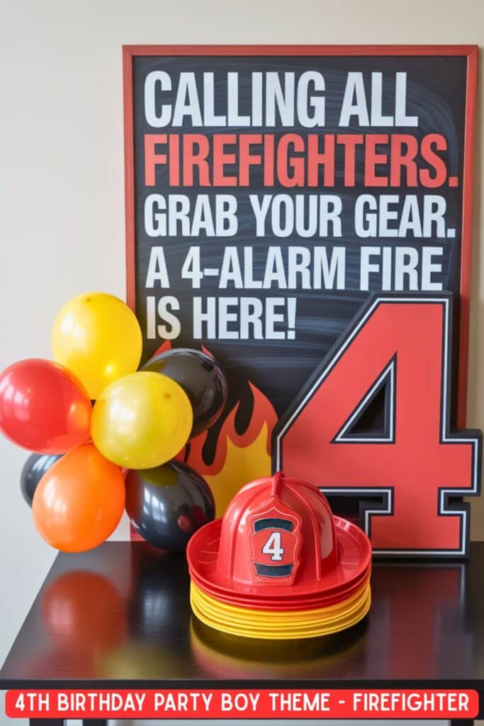 Firefighter-themed 4th birthday party setup featuring a bold sign that reads “Calling All Firefighters. Grab Your Gear. A 4-Alarm Fire Is Here!” with a large red number 4, a firefighter hat, yellow and red plates, and red, yellow, and black balloons.