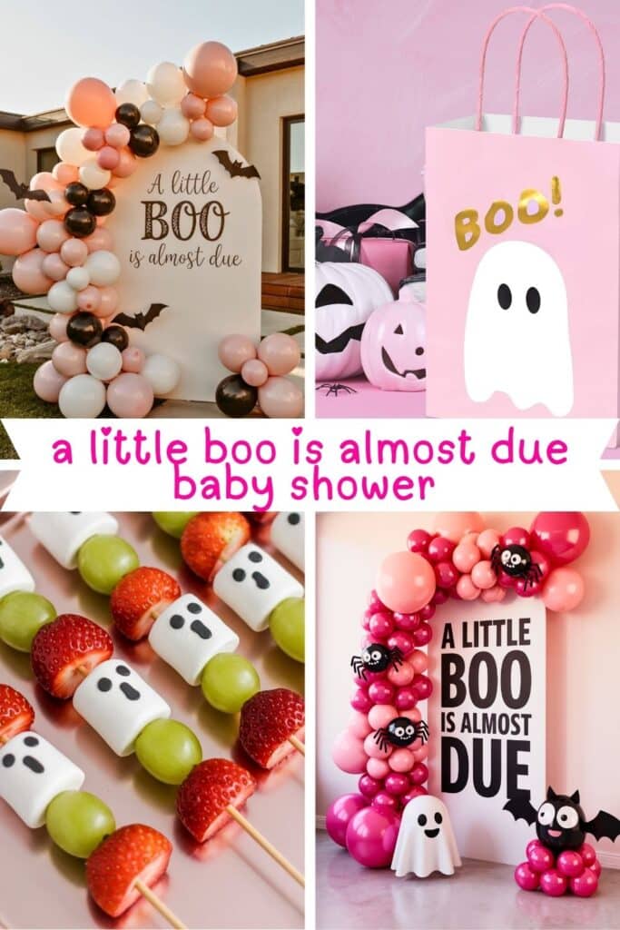 Collage of soft and spooky “A Little Boo Is Almost Due” baby shower ideas including a pink and black balloon arch, pastel ghost-themed party bag, ghost marshmallow fruit skewers, and a pink spider balloon display with ghost decor.