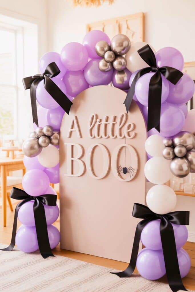 Lavender, white, and silver balloon arch with black bows around a pastel pink sign that says 'A Little Boo' featuring a hanging spider, perfect for a soft and spooky Halloween baby shower setup
