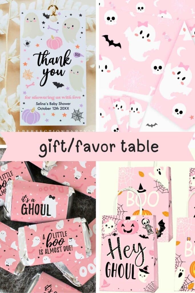 Four unique 'A Little Boo Is Almost Due' Halloween baby shower backdrops in pink, black, lavender, and hot pink color schemes, featuring ghost decorations, balloon garlands, pumpkins, and themed signage—perfect for the main photo area or party focal point.