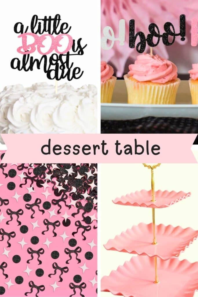 Dessert table ideas for a “A Little Boo Is Almost Due” baby shower, featuring pink and black bow confetti, a white rosette cake with a glittery black and pink ghost-themed topper, cupcakes with pink frosting and Halloween toppers, and a pink scalloped three-tiered stand for displaying treats.