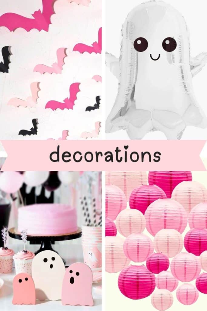 Pink and black Halloween baby shower decorations featuring 3D paper bats in various shades of pink and black on a white wall, a shiny silver ghost balloon with a smiling face, a pink frosted cake surrounded by mini ghost cutouts and pink party cups, and an arrangement of light pink and hot pink hanging paper lanterns. Decor elements match the “A Little Boo Is Almost Due” theme with soft-spooky, girly vibes.