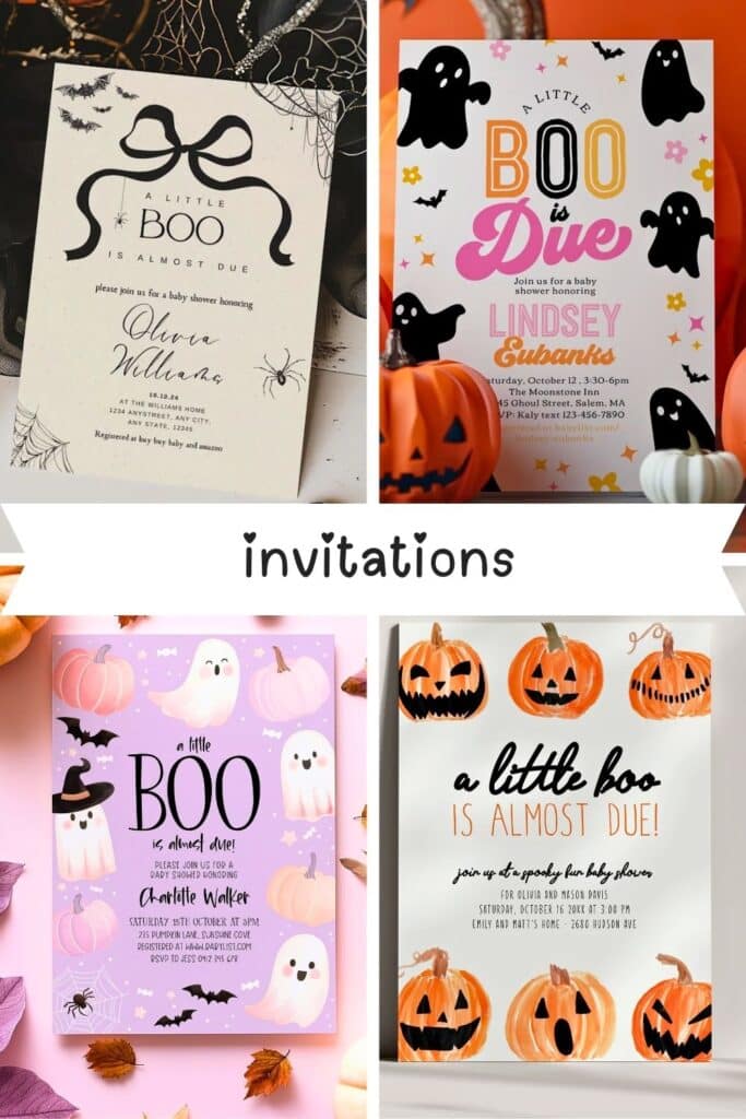 Collage of four "A Little Boo is Almost Due" baby shower invitations in different color schemes, including black and white, hot pink with orange and black ghosts, lavender and pastel pumpkins, and traditional orange jack-o’-lanterns, labeled with the word “invitations” in playful font.