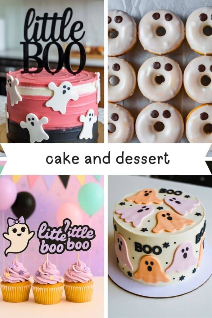Four dessert ideas for A Little Boo Is Almost Due baby shower: top left shows a pink and black ghost-themed cake with a ‘little BOO’ topper; top right features donuts decorated like ghosts with white glaze and chocolate eyes; bottom left has cupcakes with pastel frosting and ghost toppers that say ‘little boo boo’; bottom right shows a round cake decorated with pink and orange fondant ghosts and black stars.