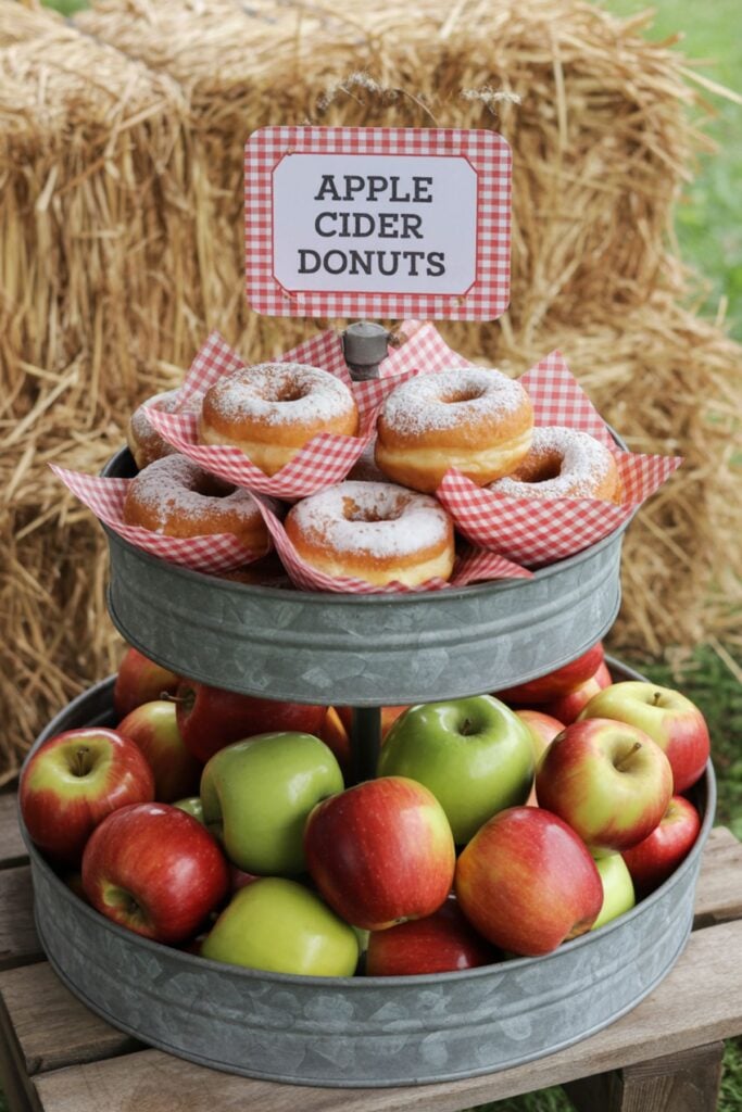 Tiered galvanized tray display with apple cider donuts and fresh red and green apples, styled with gingham liners for a fall baby shower food table.