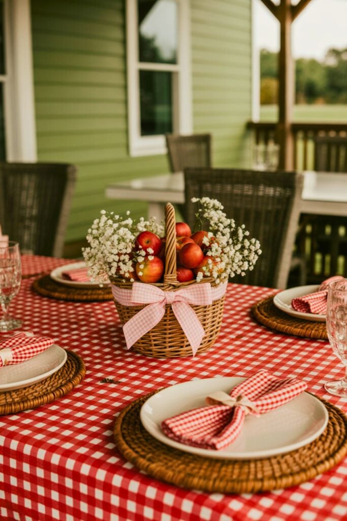 Apple of My Eye baby shower table with red gingham tablecloth, wicker chargers, pink gingham napkins, and a basket centerpiece filled with apples and baby’s breath flowers.