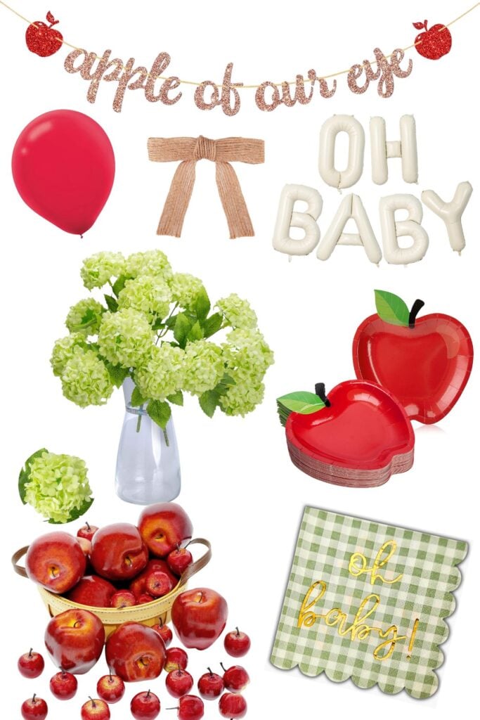 Apple of Our Eye baby shower decorations including red apple plates, green gingham napkins, ‘Oh Baby’ white balloons, red balloon, faux green hydrangeas in a vase, rustic ribbon bow, and glitter apple banner.