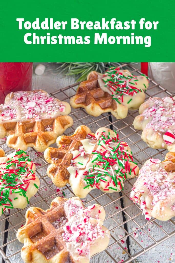 Belgian waffles dipped in white chocolate and topped with festive red and green sprinkles and crushed peppermint, arranged on a wire cooling rack. This cheerful toddler Christmas breakfast idea is sweet, colorful, and perfect for a fun and festive holiday morning treat.