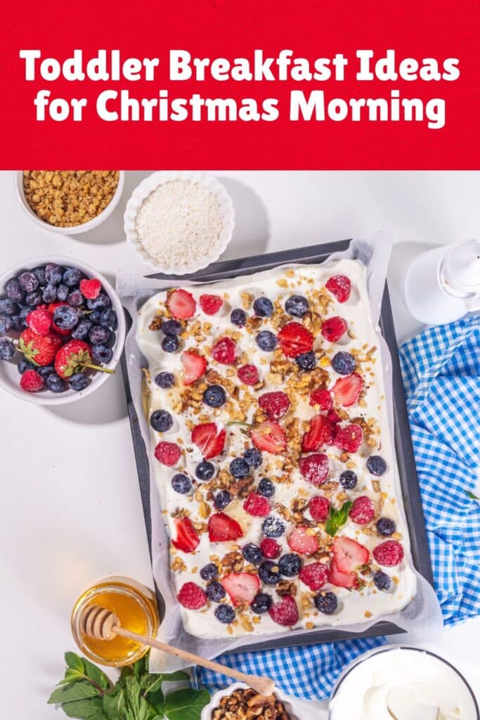 Flat lay image of a baking tray filled with yogurt bark, topped with fresh strawberries, blueberries, raspberries, granola, and shredded coconut. Surrounding the tray are small bowls of extra toppings including granola, coconut, berries, and chopped nuts, along with a jar of honey with a dipper and a blue checkered cloth. A red banner at the top reads, "Toddler Breakfast Ideas for Christmas Morning."