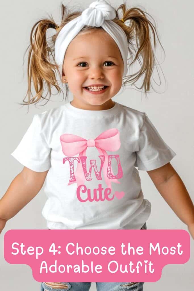 Toddler girl smiling in a “Two Cute” birthday shirt and white headwrap for her second birthday celebration.  
