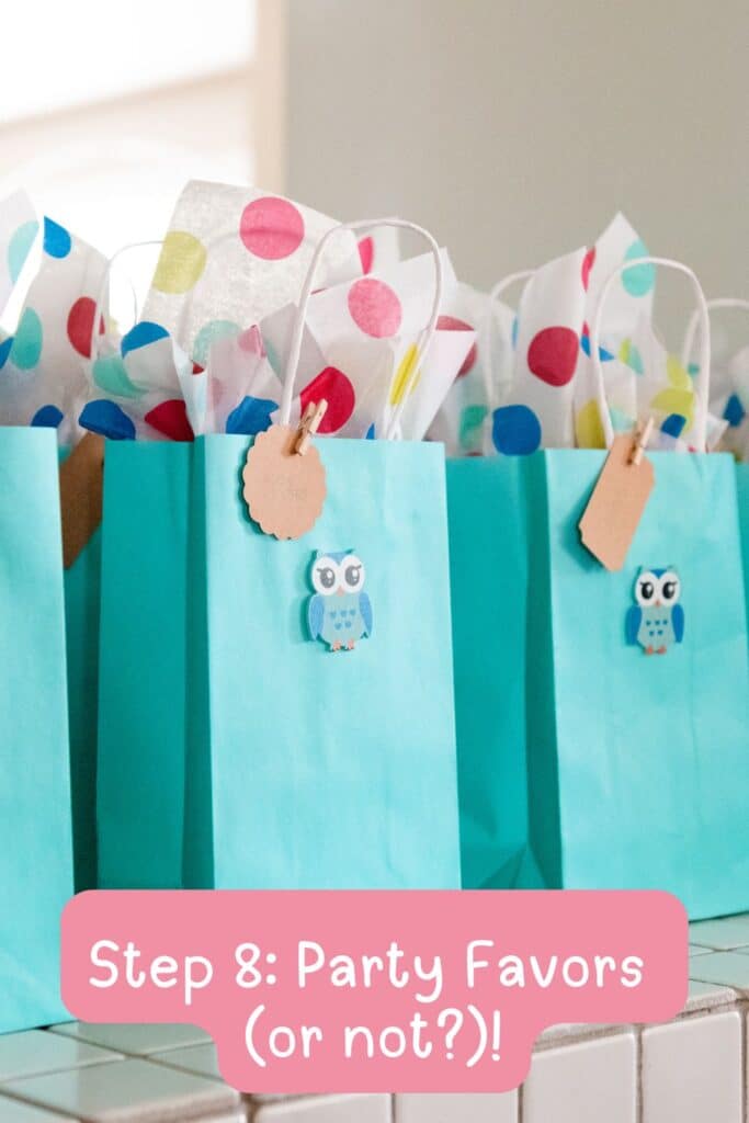 Turquoise party favor bags with colorful polka dot tissue paper and owl stickers for a two year old girl’s birthday party.