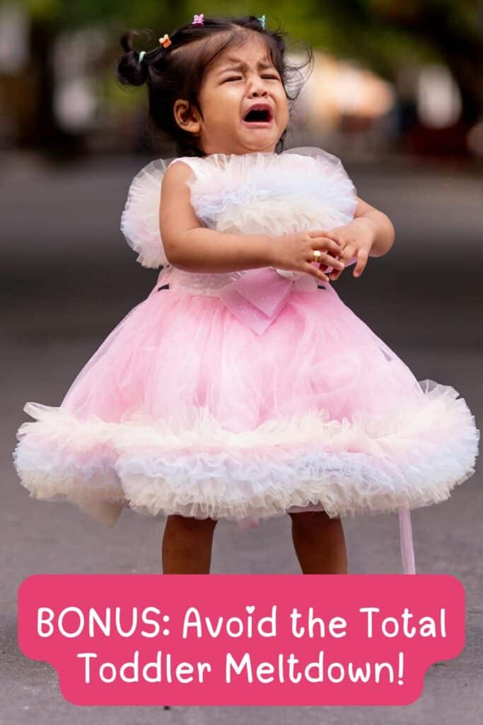 Toddler girl in a fluffy pink birthday dress crying during her 2nd birthday party.