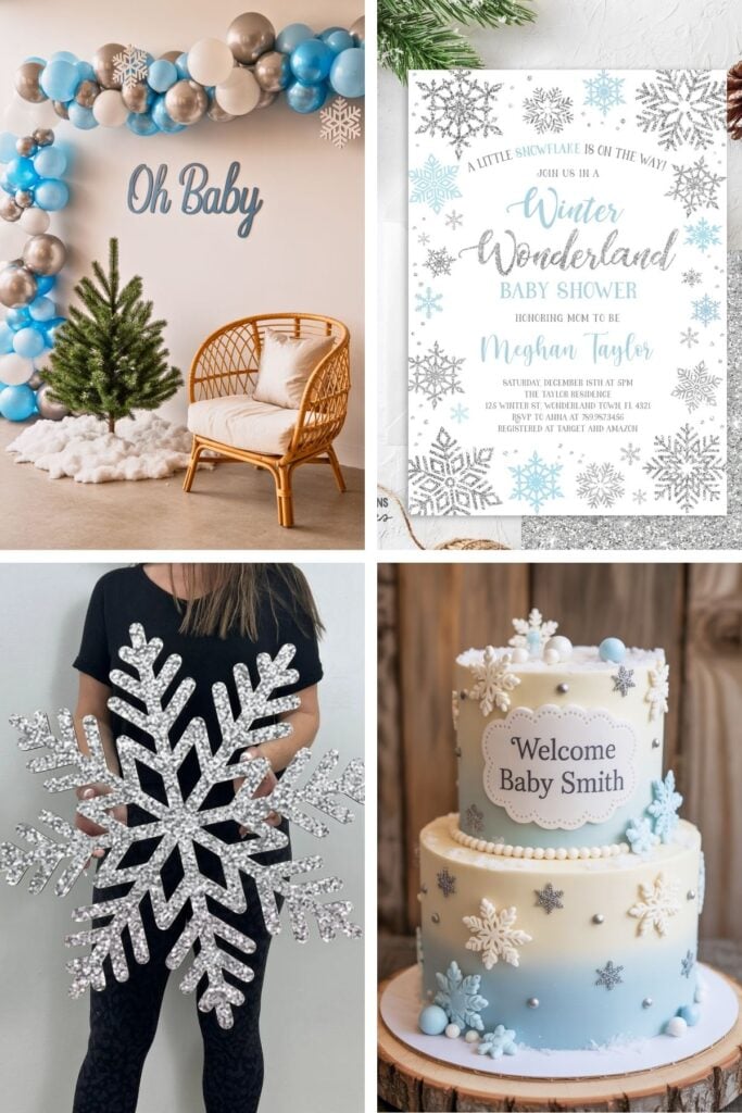 Winter baby shower inspiration collage featuring blue and silver balloon arch with “Oh Baby” sign, snow-covered mini tree, Winter Wonderland baby shower invitation with snowflake design, woman holding oversized glitter snowflake decor, and two-tier baby shower cake with snowflake decorations and “Welcome Baby Smith” topper.