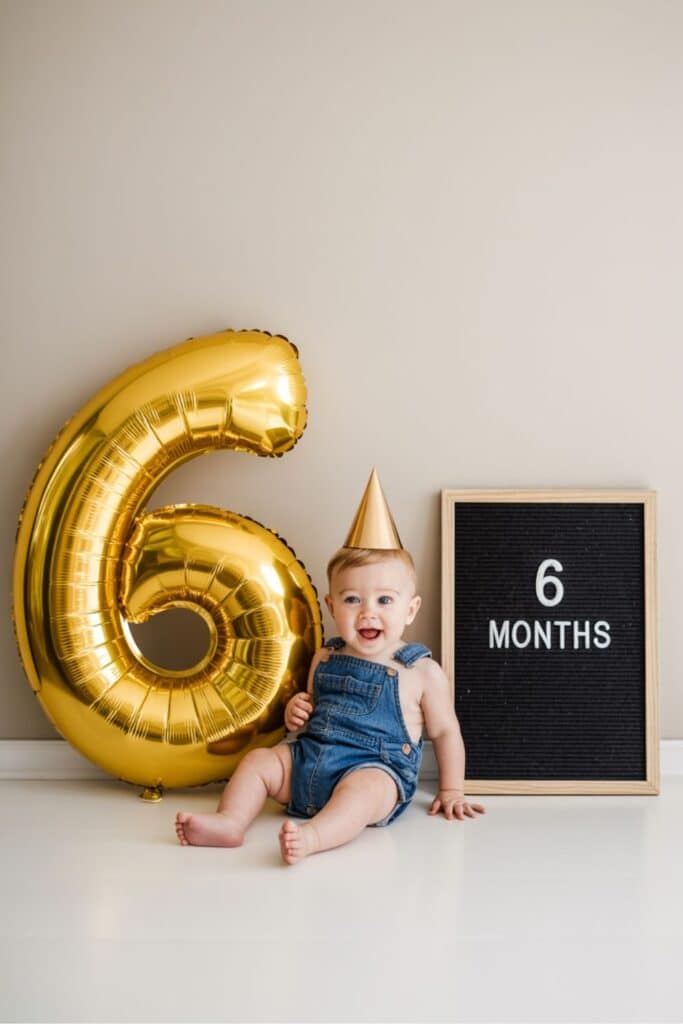 Six month baby photo with baby next to gold number 6 balloon and milestone letterboard.