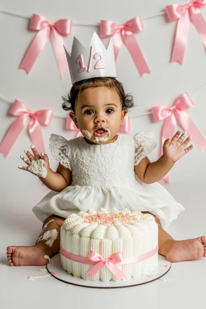 Six month baby half-birthday cake smash with baby in crown and bow backdrop.