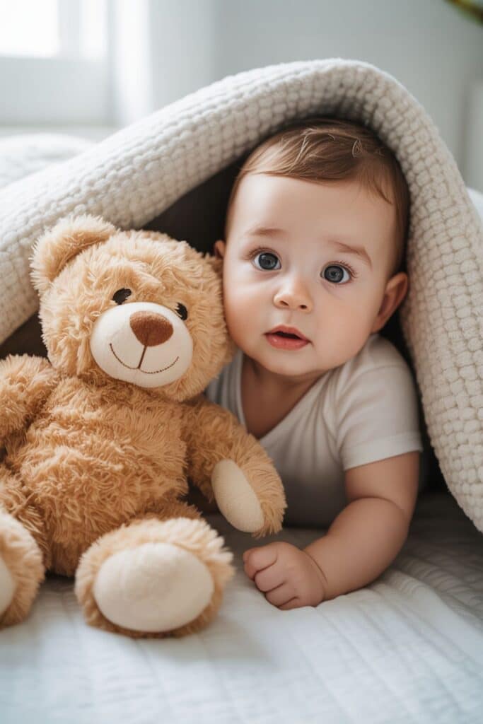 Six month baby milestone photo with baby cuddling teddy bear under blanket.
