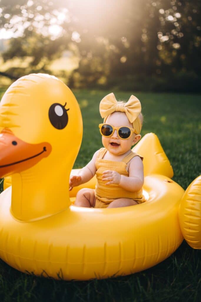 Six month baby photo with baby in duck float wearing sunglasses and bow headband.