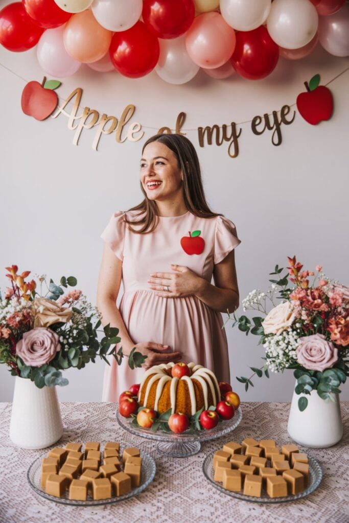 Pregnant woman at Apple of My Eye baby shower with apple-themed dessert table, red and pink balloon garland, and fall floral arrangements.