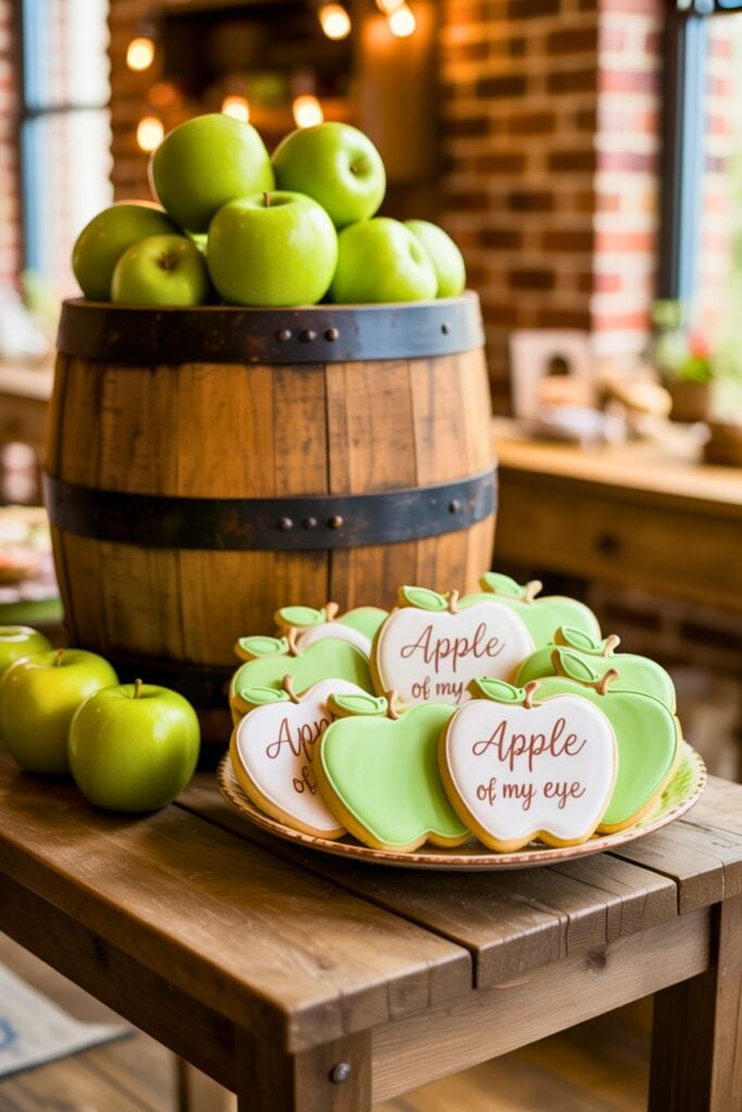 Apple of My Eye baby shower dessert table with green apple sugar cookies, fresh green apples, and rustic wood barrel centerpiece at a fall baby shower.