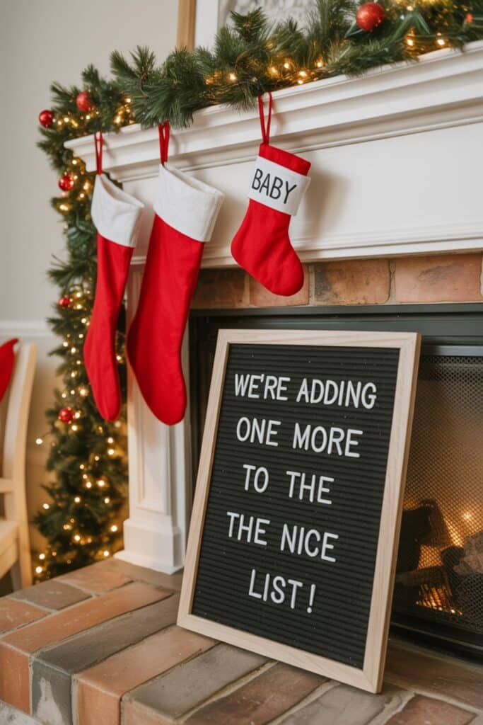 Christmas pregnancy announcement idea with red stockings hanging on a decorated fireplace, including a small stocking labeled “Baby” and a letterboard that reads “We’re adding one more to the nice list!” for a festive holiday reveal.