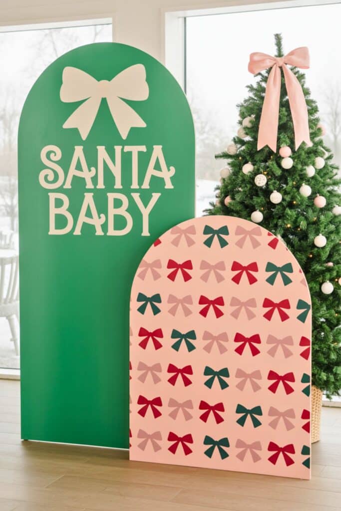 Festive "Santa Baby" baby shower backdrop with oversized green panel featuring white bow and lettering, paired with pink arch covered in red, blush, and green bows, set beside a decorated Christmas tree with pink bow topper and white ornaments — perfect inspiration for a holiday-themed baby shower.
