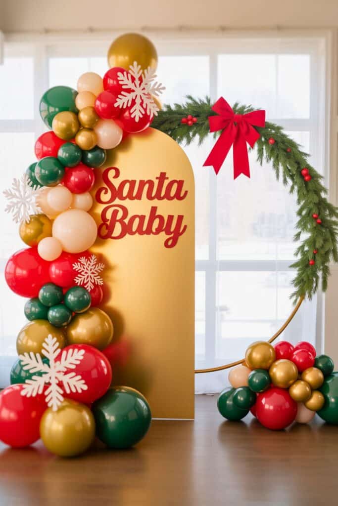 Christmas "Santa Baby" baby shower backdrop with gold arch sign featuring red script, surrounded by a balloon garland in red, green, gold, and cream, accented with white snowflakes. Paired with a festive wreath decorated with red bow and berries, perfect for holiday baby shower inspiration.