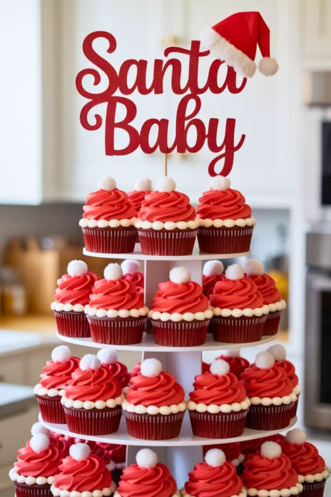 Santa Baby baby shower cupcake tower with red velvet cupcakes decorated to look like mini Santa hats, topped with white frosting trim and pom-poms, displayed with a glittery red “Santa Baby” topper and Santa hat accent — a festive dessert idea for a Christmas baby shower.
