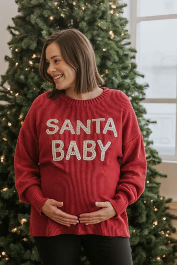 Pregnant woman in a red “Santa Baby” sweater holding her baby bump, standing in front of a decorated Christmas tree — a cozy and festive outfit idea for a Santa Baby baby shower